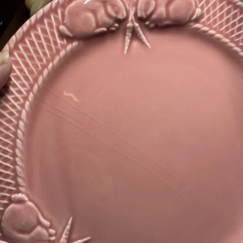 SET OF 2 Bordallo Pinheiro Dinner Plates 10”Pink & Yellow Rabbits Bunnies